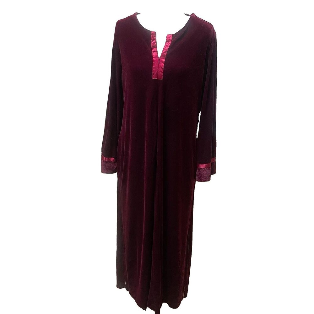 Oscar de la Renta Velvet Caftan Robe M Burgundy Red Zip Front Maxi Whimsygoth